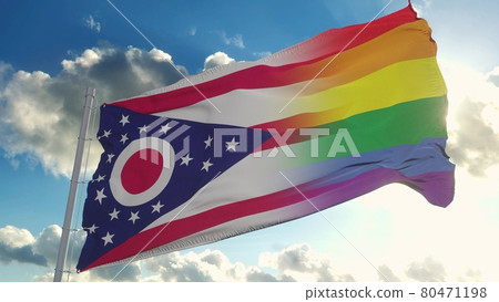 Flag of Ohio and LGBT. Ohio and LGBT Mixed Flag waving in wind. 3d rendering Flag of Ohio and LGBT. Ohio and LGBT Mixed Flag waving in wind. 3d rendering 80471198