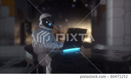 Astronaut works on his science laptop in futuristic spaceship, room. 3d rendering Astronaut works on his science laptop in futuristic spaceship, room. 3d rendering 80471252