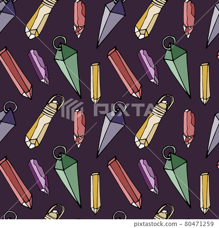 Seamless pattern with hand drawn colorful crystals and pendants on purple background. Seamless pattern with hand drawn colorful crystals and pendants on purple background. 80471259