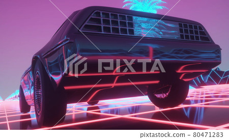 Car in neon cyberpunk style. 80s retrowave background. Retro futuristic car drive through neon city. 3d rendering Car in neon cyberpunk style. 80s retrowave background. Retro futuristic car drive through neon city. 3d rendering 80471283