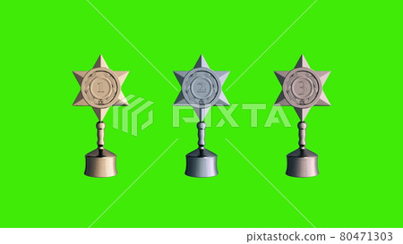 Spinning gold, silver and bronze trophies isolated on green screen. 3d rendering Spinning gold, silver and bronze trophies isolated on green screen. 3d rendering 80471303