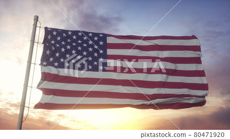 Flag of United States of America waving in the wind against deep beautiful sky at sunset. 3d rendering 80471920