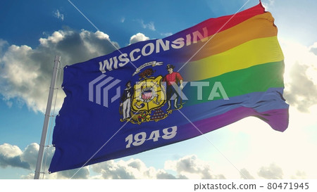 Flag of Wisconsin and LGBT. Wisconsin and LGBT Mixed Flag waving in wind. 3d rendering Flag of Wisconsin and LGBT. Wisconsin and LGBT Mixed Flag waving in wind. 3d rendering 80471945