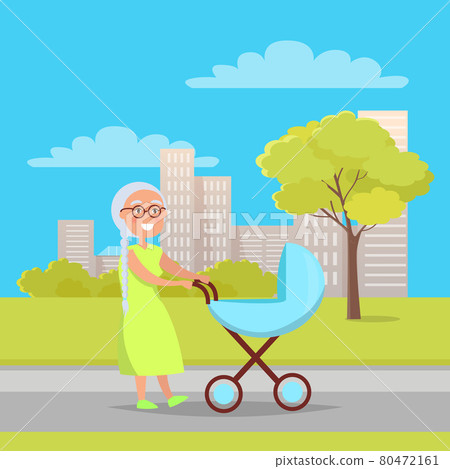 Senior Lady with Trolley Pram Walking in City Park Senior Lady with Trolley Pram Walking in City Park 80472161