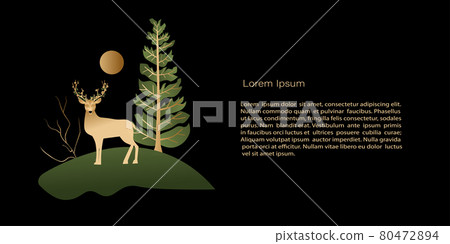 Vector  Template, banner mystic and elf theme,  deer with flowers in horns, copy space. Black, green and gold colors with gradient for decoration 80472894