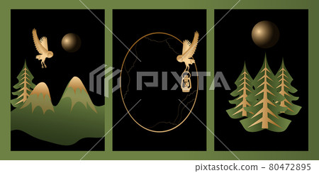 Set of high quality vector mystic and elf theme, includes illustrations of fores, tree, frames with owl, landscape with a big mystical moon and birds. Green and gold colors for decoration, clipart 80472895