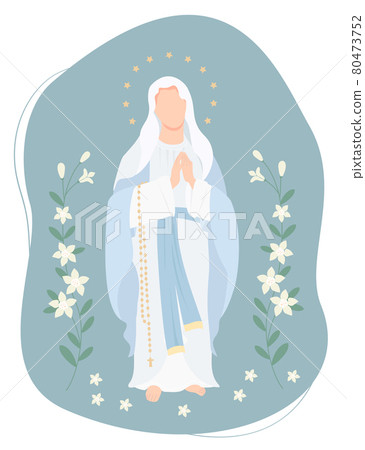 Most Holy Theotokos, Queen of Heaven. Virgin Mary in a blue maforia prays with a rosary on background with white lilies. Vector illustration for Christian and Catholic communities, religious holidays Most Holy Theotokos, Queen of Heaven. Virgin Mary in a blue maforia prays with a rosary on background with white lilies. Vector illustration for Christian and Catholic communities, religious holidays 80473752