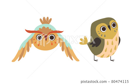 Funny Owl Birds Set, Cute Lovely Owlets Cartoon Vector Illustration 80474115
