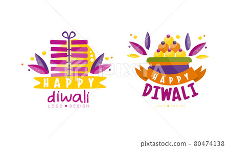 Happy Diwali Logo Design Set, Hindu Festival Celebration Bright Colorful Labels Vector Illustration 80474138