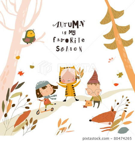 Cute Cartoon Children having fun in Autumn Forest 80474265