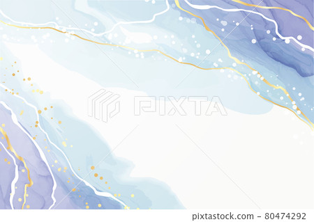 Turquoise and teal blue liquid watercolor background with golden glitter lines. Pastel cyan marble alcohol ink drawing effect with gold foil cracks. Vector illustration of abstract fluid art backdrop 80474292