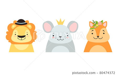 Set of Cute Baby Animals in Headdresses, Lovely Mouse, Fox, Squirrel in Stylish Headgears Cartoon Vector Illustration 80474372