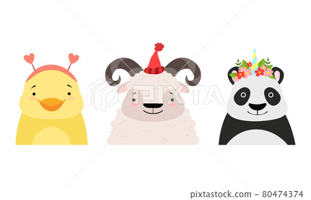 Set of Cute Baby Animals in Headdresses, Lovely Duckling, Sheep, Panda in Stylish Headgears Cartoon Vector Illustration 80474374