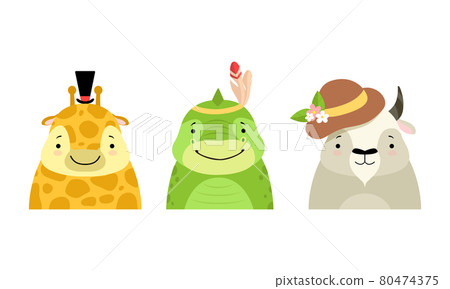 Set of Cute Baby Animals in Headdresses, Lovely Giraffe, Dinosaur, Bull in Stylish Headgears Cartoon Vector Illustration Set of Cute Baby Animals in Headdresses, Lovely Giraffe, Dinosaur, Bull in Stylish Headgears Cartoon Vector Illustration 80474375