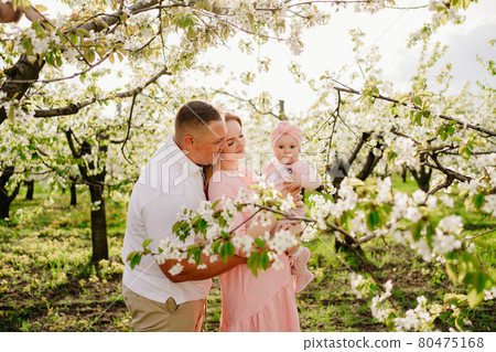 mom, dad and daughter in spring flowering garden. cleft lip in infants. mom, dad and daughter in spring flowering garden. cleft lip in infants. 80475168