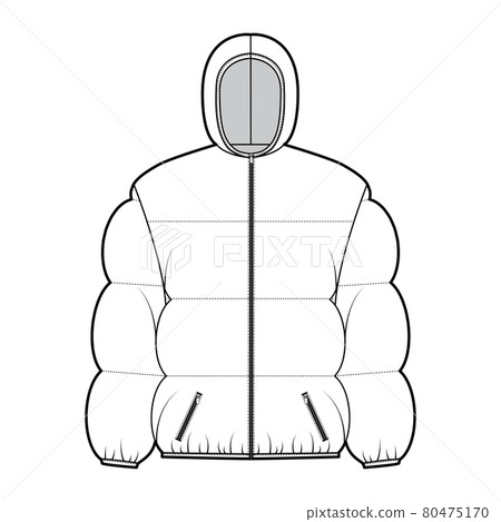 Hooded jacket Down puffer coat technical fashion illustration with long sleeves, pockets, hip length, wide quilting 80475170