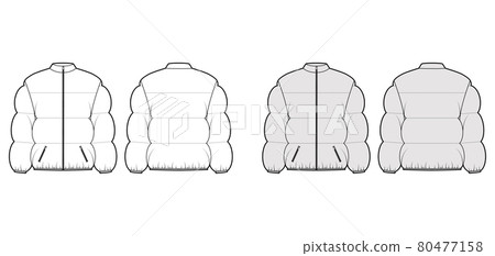 Down puffer coat jacket technical fashion illustration with stand, zip-up closure, boxy fit, hip length, wide quilting 80477158