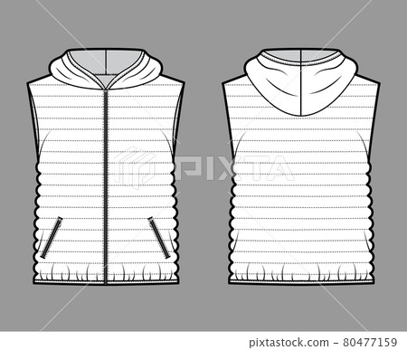 Down vest puffer waistcoat technical fashion illustration with sleeveless, hoody collar, zip-up closure, hip length Down vest puffer waistcoat technical fashion illustration with sleeveless, hoody collar, zip-up closure, hip length 80477159