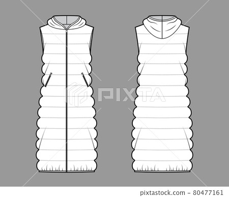 Hooded Down vest puffer waistcoat technical fashion illustration with zip-up closure, midi length, classic quilting 80477161