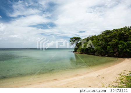 Serene tropical beach, tranquil sea, hill full of vegetations, blue sky clouds. Iriomote Island. 80478321