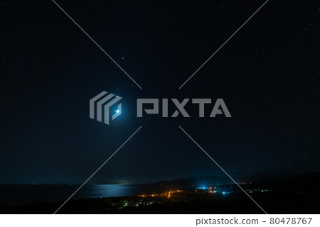 Breathtaking view of a starry sky in deep blue color, moon, Jupiter and Venus line up. Iriomote Island. Breathtaking view of a starry sky in deep blue color, moon, Jupiter and Venus line up. Iriomote Island. 80478767