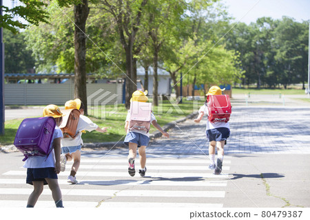 4 elementary school students crossing the pedestrian crossing 4 elementary school students crossing the pedestrian crossing 80479387