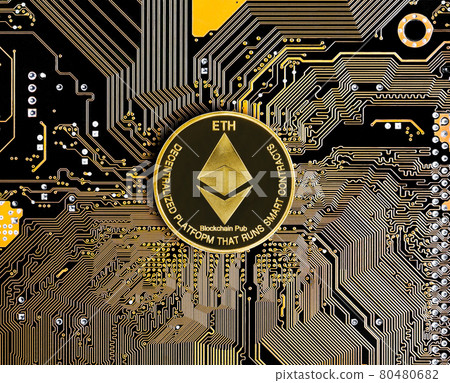 Ethereum coin on black circuit digital background Ethereum coin on black circuit digital background 80480682