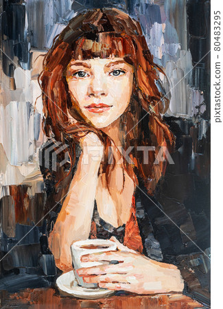 .The girl is drinking coffee in a cafe. 80483295