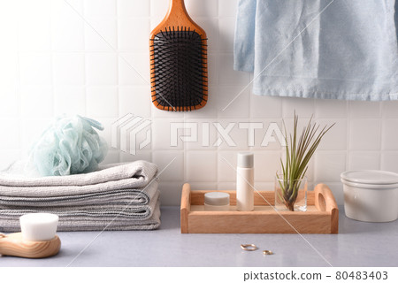Bathroom view with skin care bottle 80483403