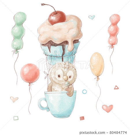 Set of cute cartoon owl in a balloon in the shape of a cake in a cup Set of cute cartoon owl in a balloon in the shape of a cake in a cup 80484774