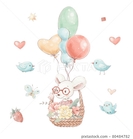 Set of cute cartoon mouse in a basket with flowers and balloons 80484782
