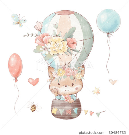 Set of cute cartoon fox in a hot air balloon Set of cute cartoon fox in a hot air balloon 80484783