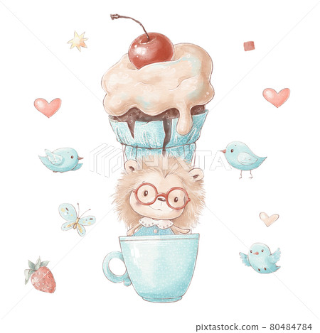Set of cute cartoon hedgehog in a balloon in the form of a cake Set of cute cartoon hedgehog in a balloon in the form of a cake 80484784