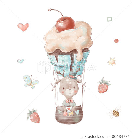 Set of cute cartoon fawn in a hot air balloon in the form of a cake Set of cute cartoon fawn in a hot air balloon in the form of a cake 80484785
