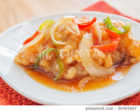Sweet and sour sauce of fried white fish Sweet and sour sauce of fried white fish 80485607
