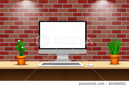 computer and plant on the wooden table in work room in the home computer and plant on the wooden table in work room in the home 80486091