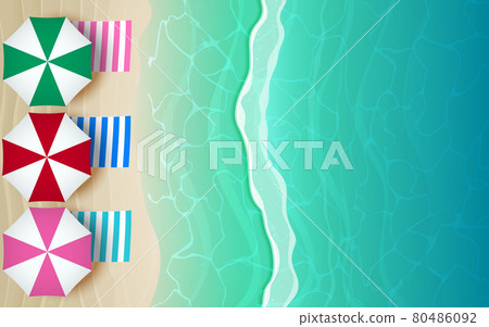 top view colorful umbrella and beach mat on the beach in summer top view colorful umbrella and beach mat on the beach in summer 80486092