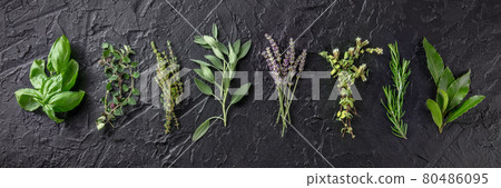 Fresh aromatic herbs, overhead flat lay panorama on a black background Fresh aromatic herbs, overhead flat lay panorama on a black background 80486095