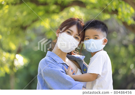 Mother son wearing medical masks protection during Mother son wearing medical masks protection during 80486456