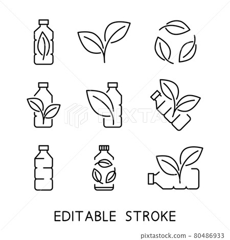 Recycle plastic bottle. Biodegradable icons. Icons of plastic bottle with green leaves Recycle plastic bottle. Biodegradable icons. Icons of plastic bottle with green leaves 80486933