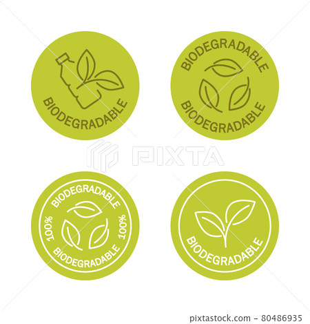 Biodegradable icons. Icon of plastic bottle with green leaves. Turns to plant concept. Eco friendly compostable material production. Zero waste, nature protection concept Biodegradable icons. Icon of plastic bottle with green leaves. Turns to plant concept. Eco friendly compostable material production. Zero waste, nature protection concept 80486935
