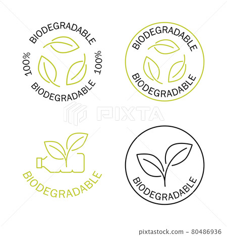 Biodegradable icons. Icon of plastic bottle with green leaves. Eco friendly compostable production Biodegradable icons. Icon of plastic bottle with green leaves. Eco friendly compostable production 80486936