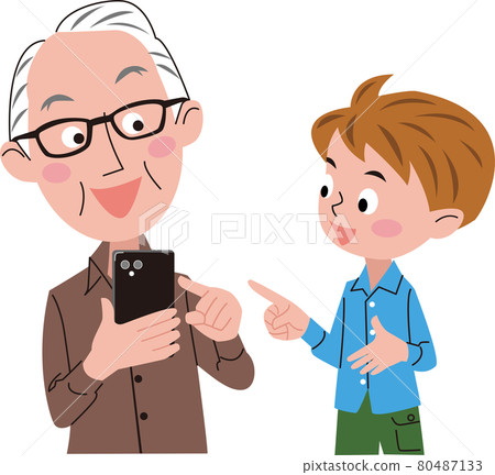 A boy teaches grandpa how to operate a smartphone 80487133