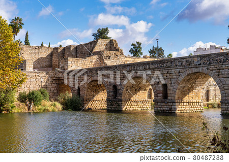 Puente Romano, the Roman Bridge in Merida with the Alcazaba, Extremadura, Spain Puente Romano, the Roman Bridge in Merida with the Alcazaba, Extremadura, Spain 80487288