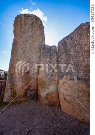 Dolmen of Lacara, funeral chamber near La Nava de Santiago, Extremadura. Spain 80487328