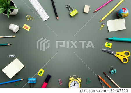 Back to school conceptual flat lay with different office supply objects 80487500