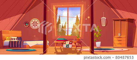 Boho attic bedroom interior with nature view. Boho attic bedroom interior with nature view. 80487653