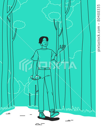 line drawing of man walking in park 80488335
