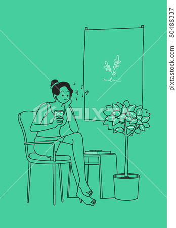 line drawing of woman resting at home with music and iced coffee 80488337
