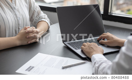 Job application, Employer or HR examines the applicant's information with a laptop to check their work history and ability to perform, Manager resource employment and recruitment. 80488488